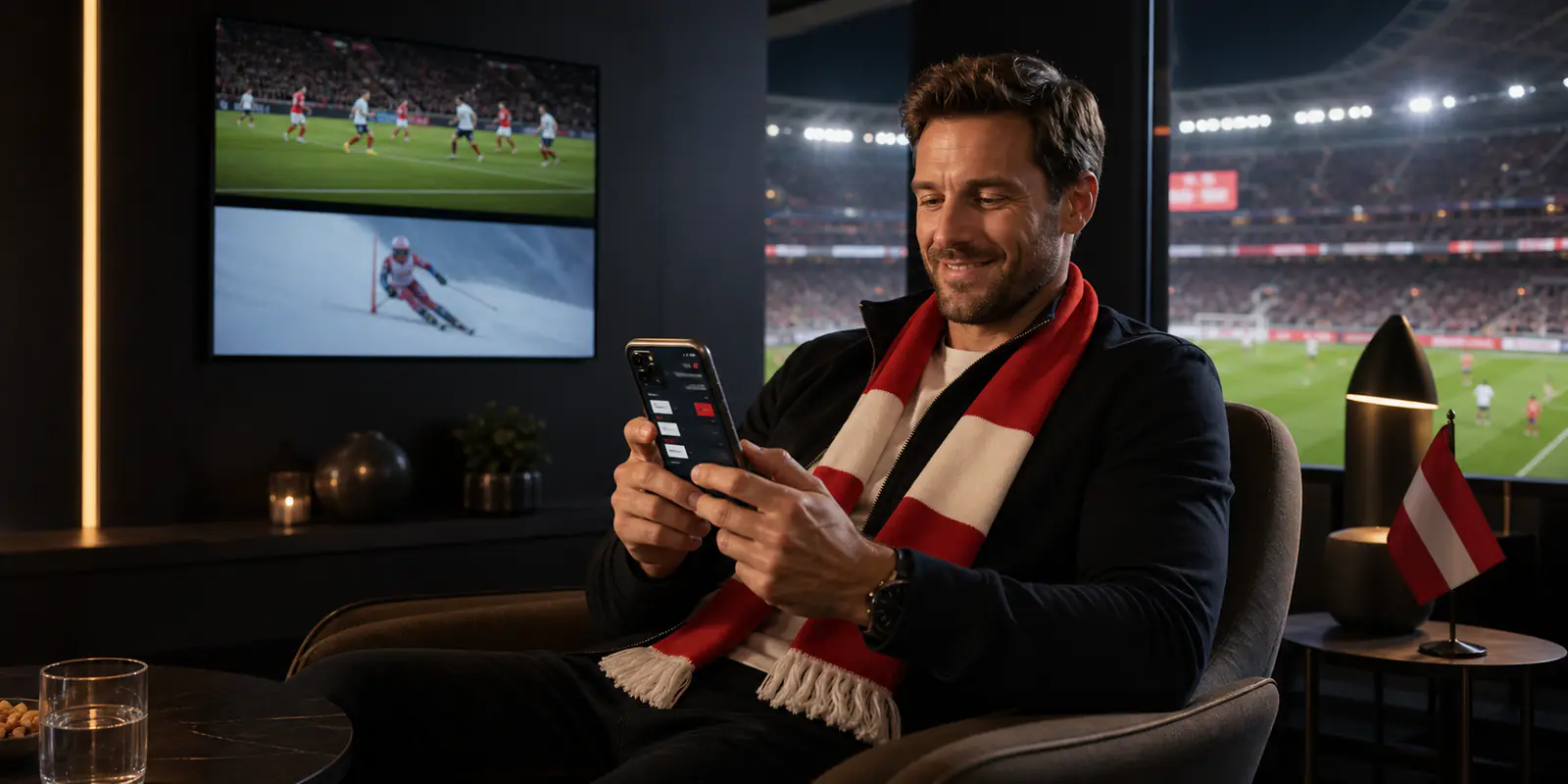 Österreichischer Sportfan nutzt die BetLabel App während eines Abendspiels