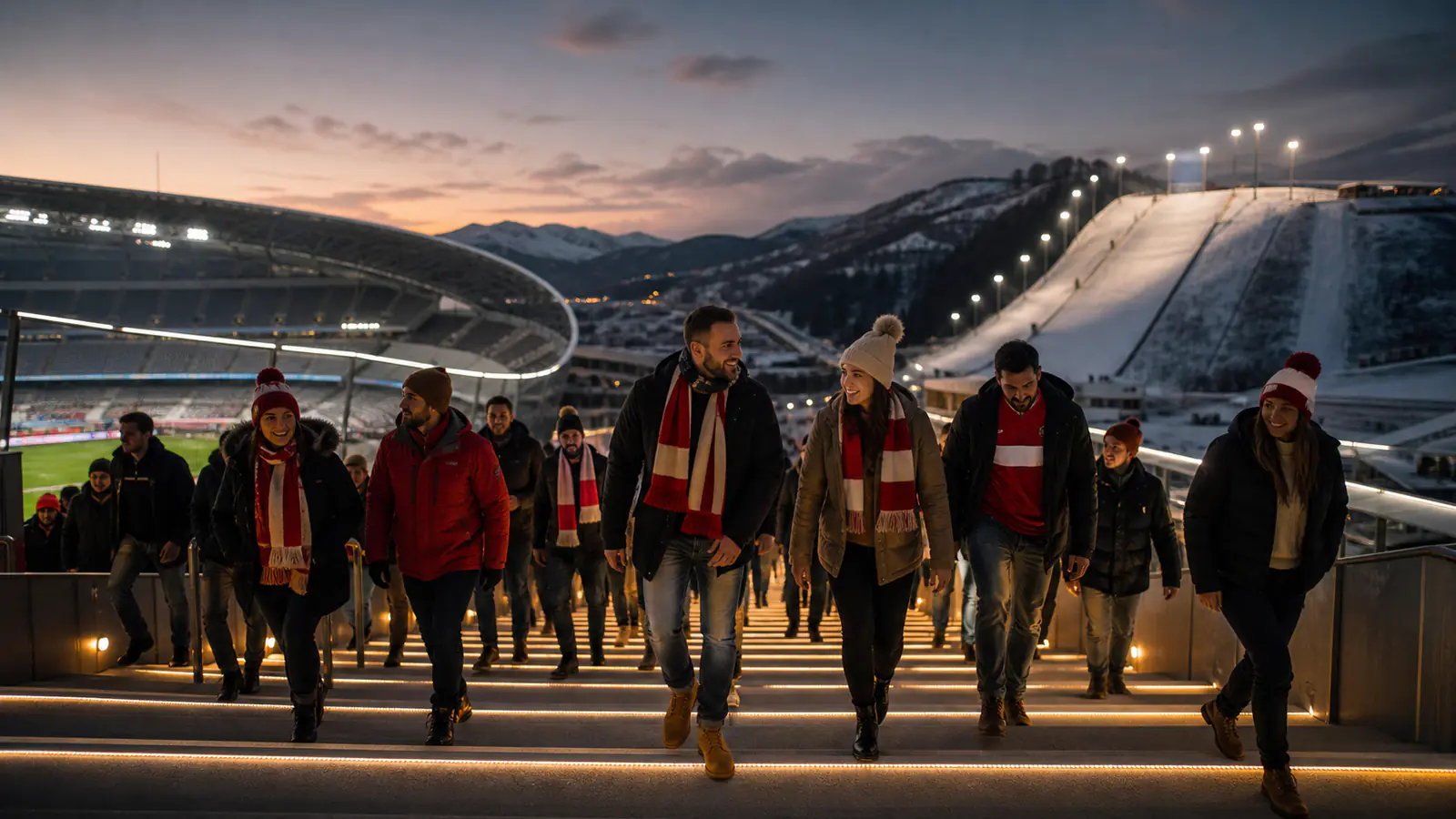 Österreichische Fans auf beleuchteten Arenastufen als Sinnbild für Treue