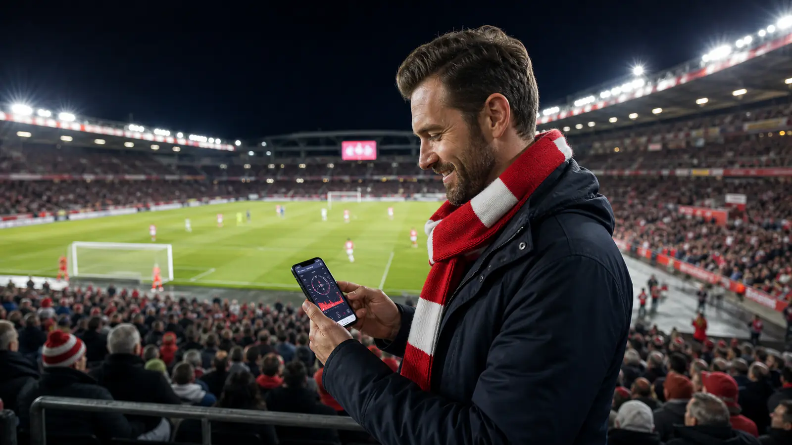 Erwachsener Fan verfolgt Live-Wetten auf einem Smartphone in Österreich