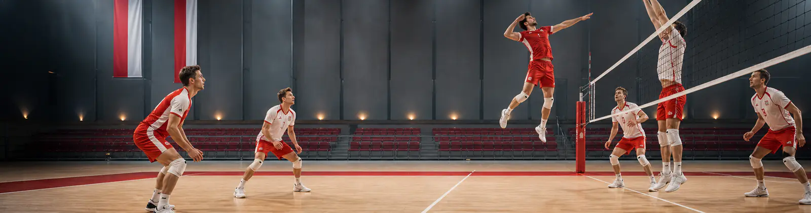 Erwachsene Volleyballspieler in einer österreichischen Sporthalle