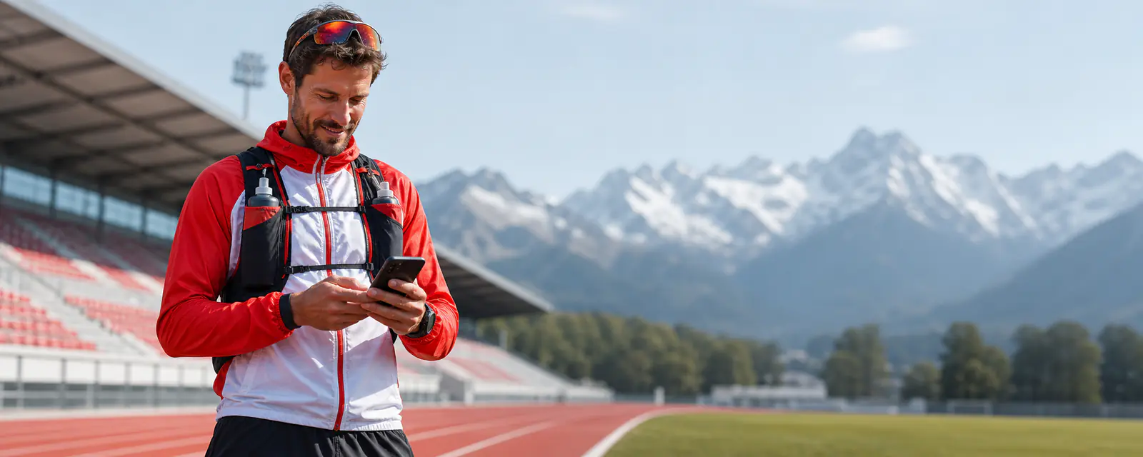 Erwachsene österreichische Läufer mit Smartphone