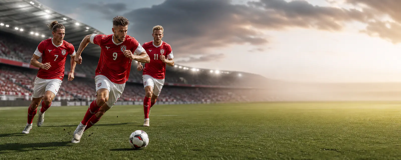 Erwachsene Fußballspieler im Angriff in einem österreichischen Stadion