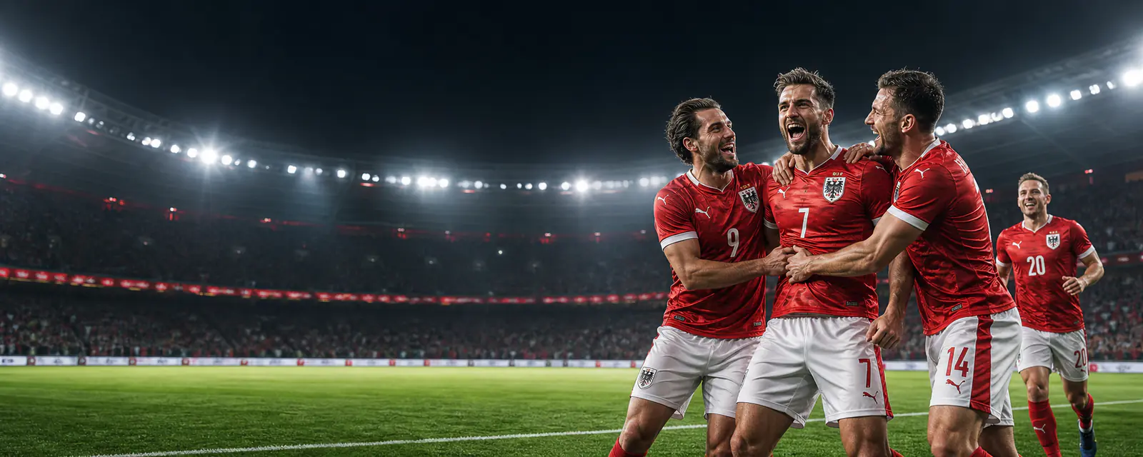 Erwachsene Fußballspieler in einem österreichischen Nachtstadion